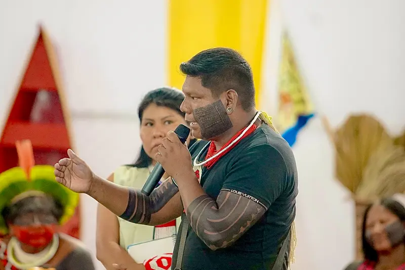 Patkore Kayapó - Presidente da Associação Floresta Protegida <div class='credito_fotos'>Foto: Wellyngton Coelho / Ag.Pará &nbsp;&nbsp;|&nbsp;&nbsp; <a href='/midias/2025/originais/20250404195232-GF00023396-F00390719.jpg' download><i class='fa-solid fa-download'></i> Download</a></div>