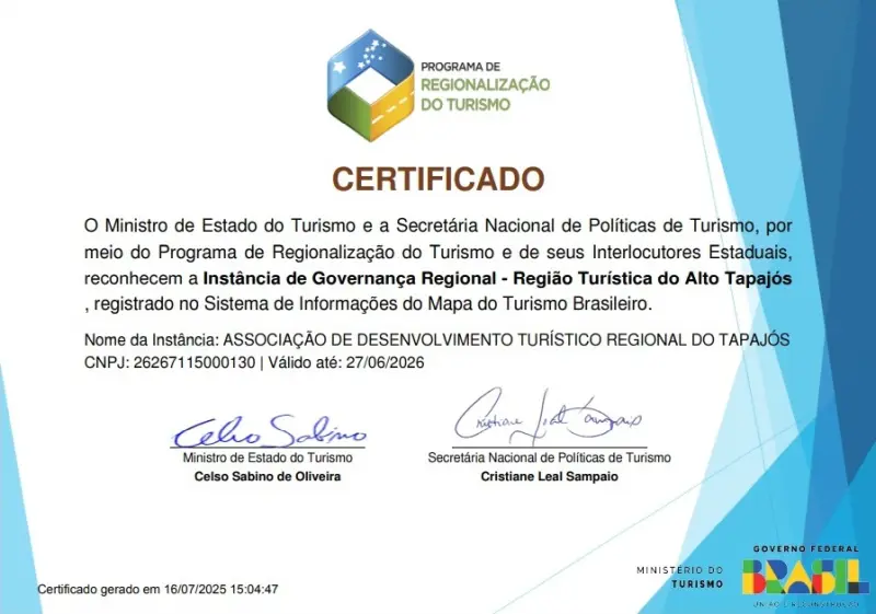 Em julho, o Estado celebrou com o  MTur a Associação de Desenvolvimento Turístico Regional do Tapajós