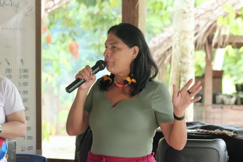 Concita Sompré, presidente da Federação dos Povos Indígenas do Pará falando sobre a importância dos povos indígenas na COP30