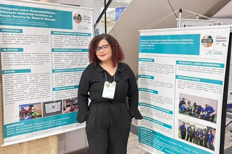 Rayane Pereira, engenheira ambiental e presidente da Comissão de Sustentabilidade do PSRM, representou o Pronto-Socorro estadual com apresentação de trabalhos de sustentabilidade no Seminário Hospitais Saudáveis